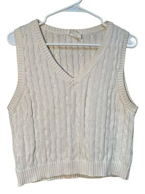 Avenu Women's Size Medium Sleeveless Sweater Vest Cream White V-Neck Cotton